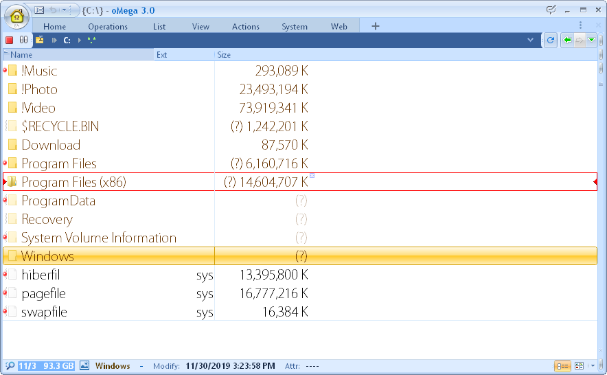 Background count of folders and subfolders size. Display the size of folders and subfolders, no need to recalculate every time. Total and free disk space is always in view. Highlight the largest files and folders.